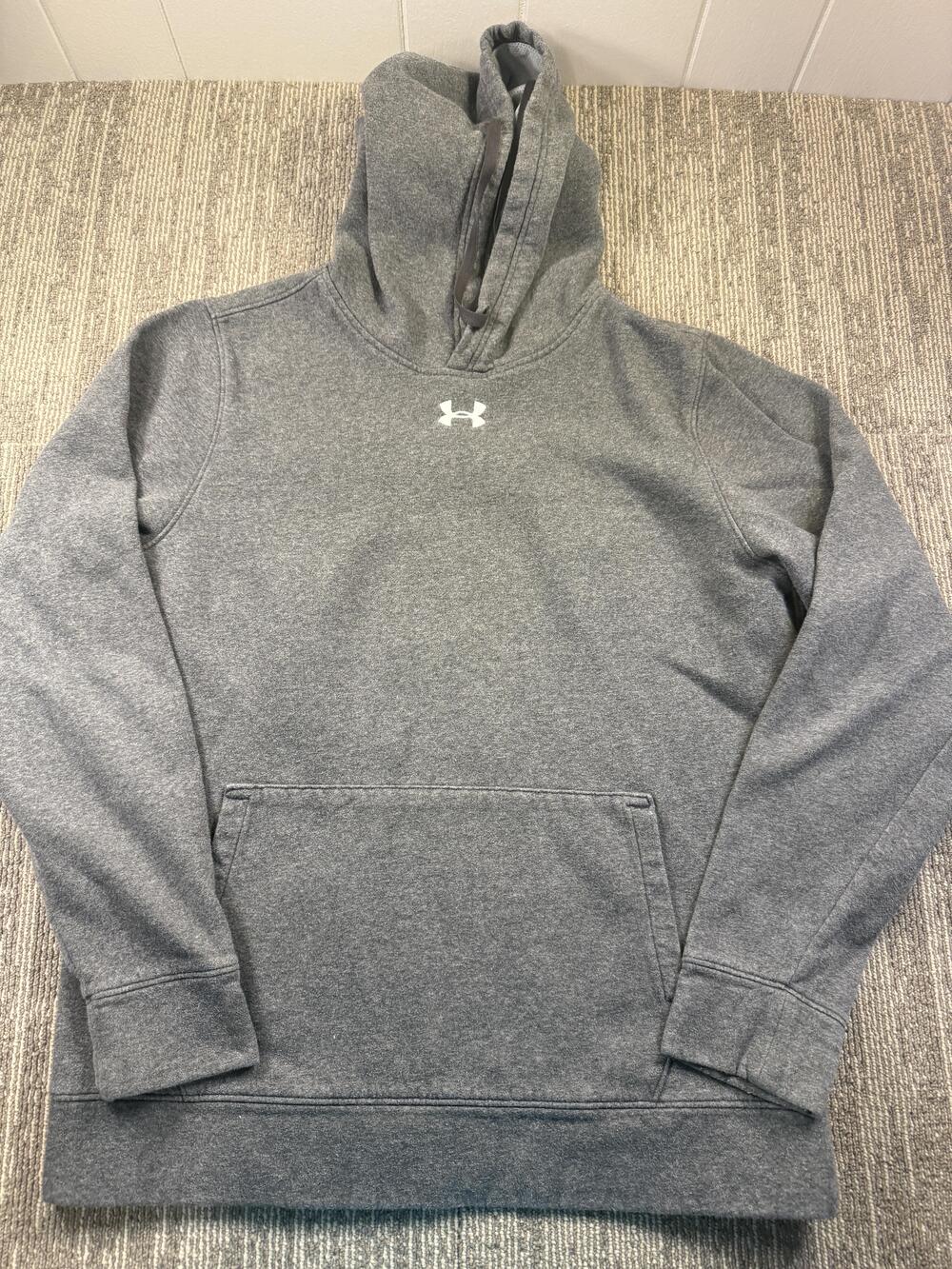 Under Armour Hoodie Mens Medium Gray Pullover Fleece Sweatshirt Logo Pocket